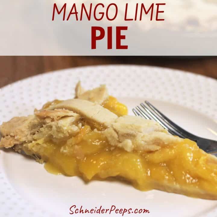 A piece of mango lime pie on a plate with text overlay