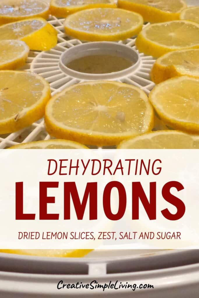 Sliced lemons arranged on a dehydrator tray with dried lemon slices on display. Text overlay reads: "Dehydrating Lemons: dried lemon slices, zest, salt and sugar. CreativeSimpleLiving.com".
