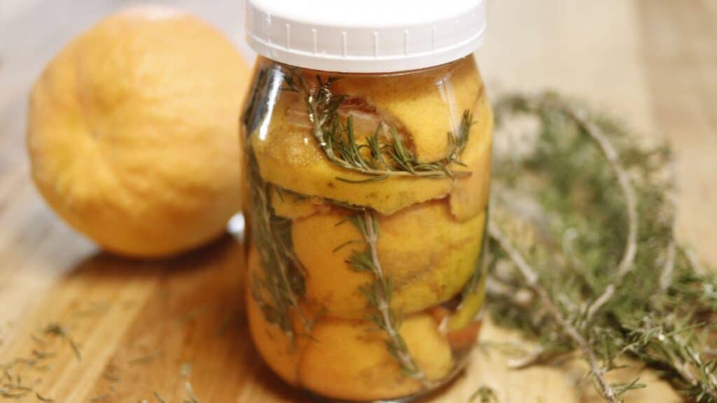 A glass jar filled with orange peels and sprigs of rosemary, sealed with a white lid, sits on a wooden surface next to a whole orange and more rosemary.