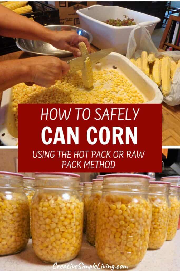 Two images show canning corn: the top image displays hands cutting corn off cobs over a white tub, and the bottom shows jars filled with canned corn. Text reads "How to safely can corn using the hot pack or raw pack method.