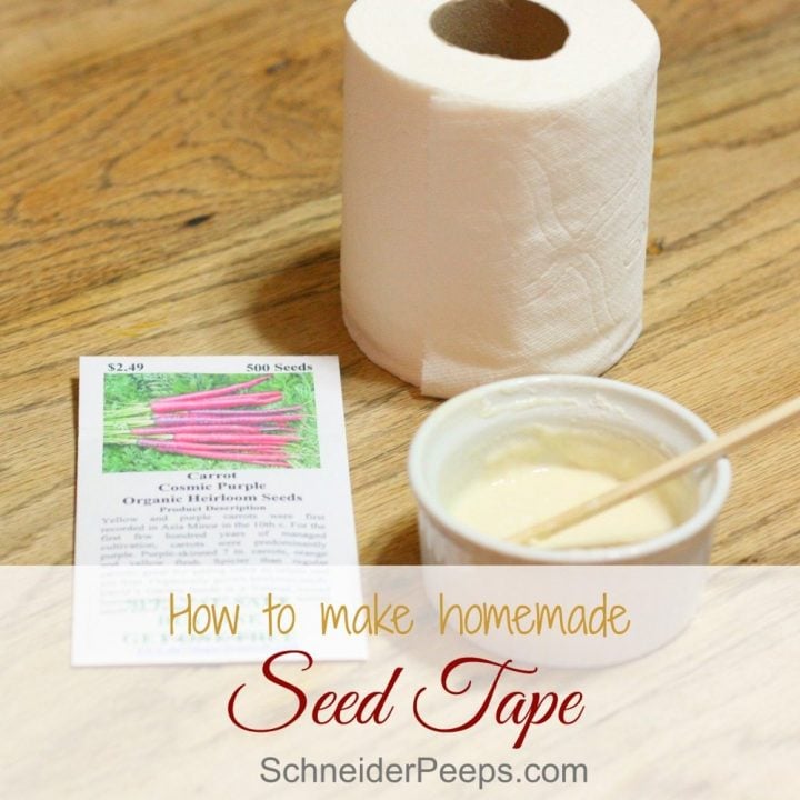 flour paste in white ramekin with chopstick and a roll of toilet paper and a seed pack on a wooden table to make seed tape.