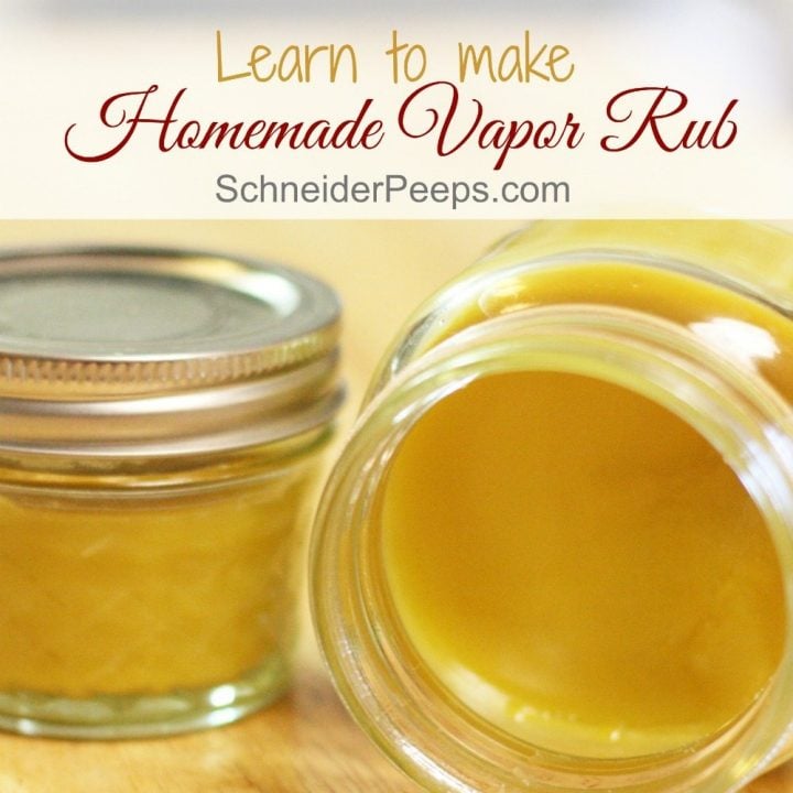 Discover the soothing relief of homemade vapor rub with jars from SchneiderPeeps.com. One jar sits open, revealing creamy yellow contents, while the other remains sealed. Follow the tutorial to craft your own blend and embrace natural comfort.