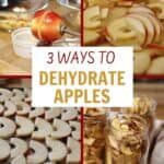 A collage shows dehydrating apples: an apple being cored, slices in water, on dehydrator trays, and dried rings in jars. Text reads: "3 Ways to Dehydrate Apples. CreativeSimpleLiving.com.