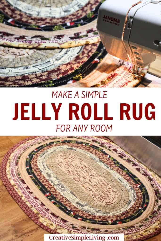 collage of a jelly roll rug being made and a finished jelly roll rug in front of a stove