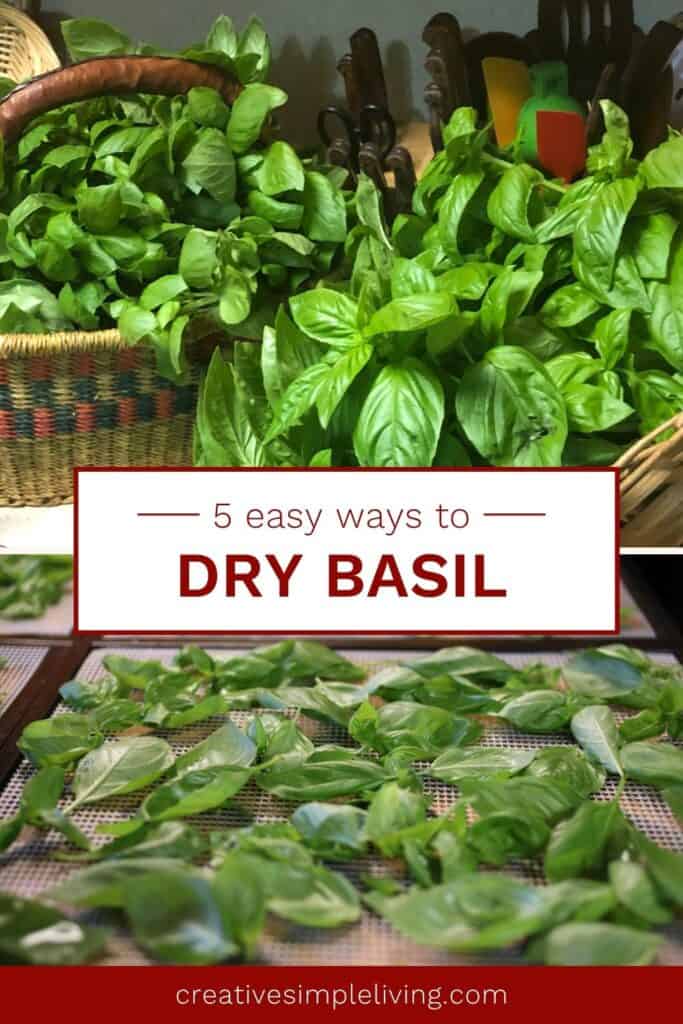 Baskets of fresh basil and trays with basil leaves spread out for drying, a sign that reads “5 easy ways to DRY BASIL,” and the website creativesimpleliving.com at the bottom—perfect for making your own dried basil at home.