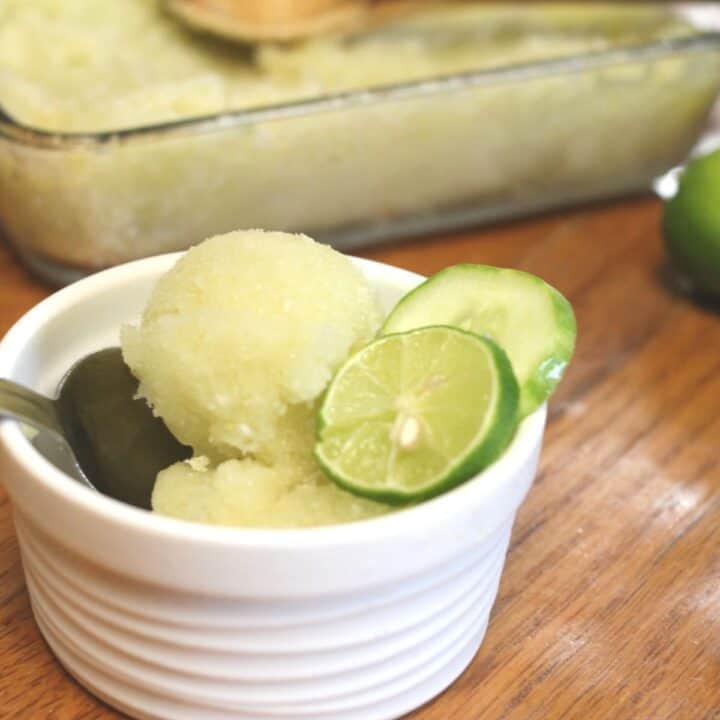 cucumber lime sorbet in white ramakin dish