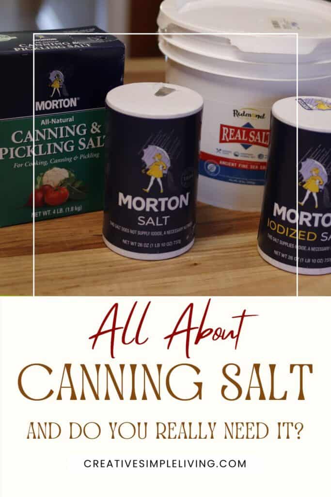 Three containers of canning salt, including Morton canning and pickling salt, sit on a kitchen counter. Overlay text reads: "All About Canning Salt and Do You Really Need It? creativesimpleliving.com.