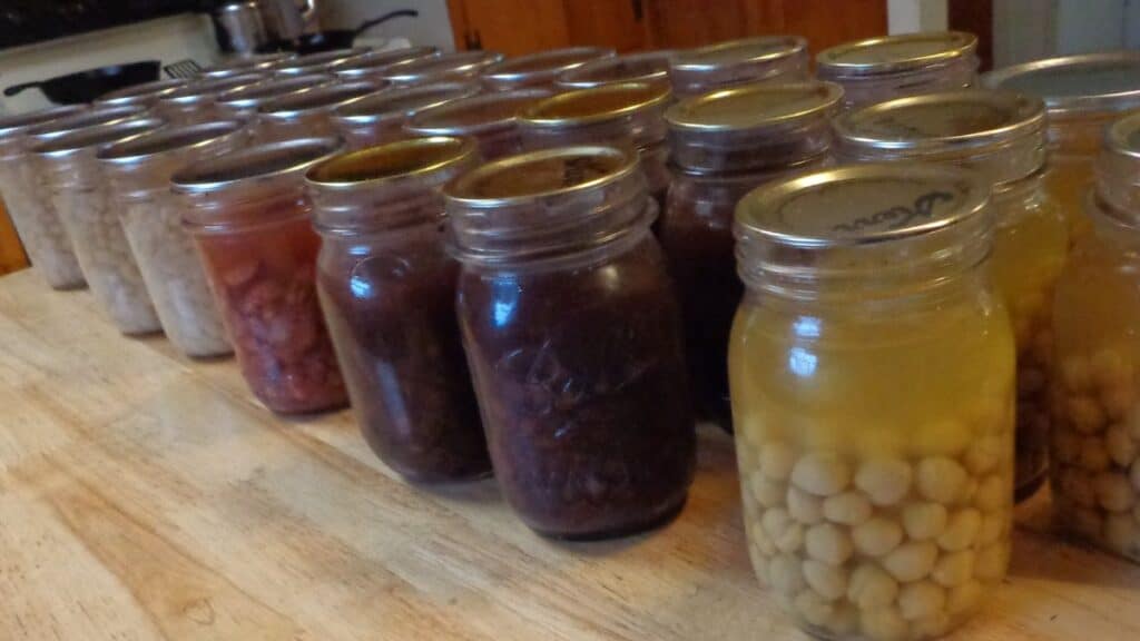 Rows of canned goods in glass jars on a wooden table, filled with various types of beans and other preserved foods, tightly sealed with metal lids.