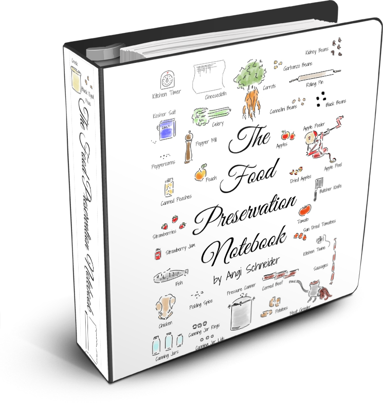 A white binder titled "The Food Preservation Notebook by Angi Schneider" features hand-drawn illustrations of preserved foods, kitchen tools, and ingredients, including jars, cans, utensils, and various fruits and vegetables.