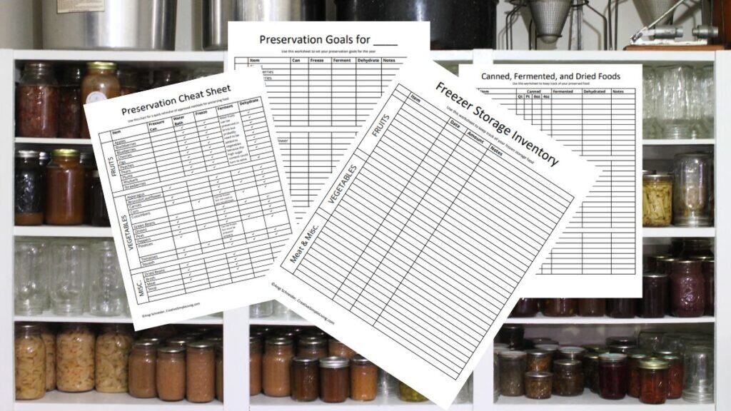 Four food preservation and inventory tracking sheets are overlaid on shelves filled with jars of home-canned foods and ingredients, illustrating organized food storage and record-keeping.