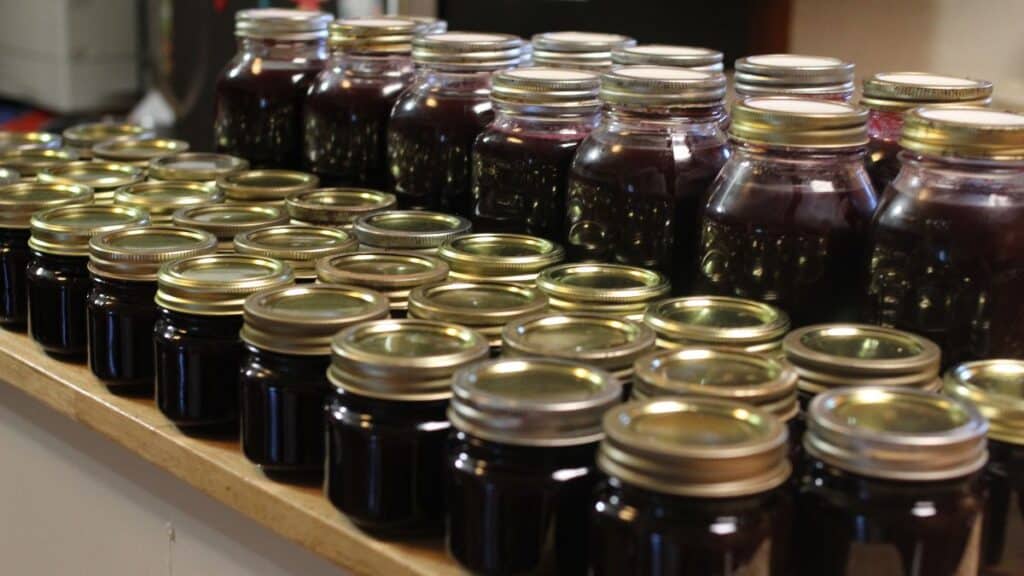Rows of glass jars filled with dark purple homemade jam or preserves are arranged on a counter, with metal lids tightly sealed on top of each jar.