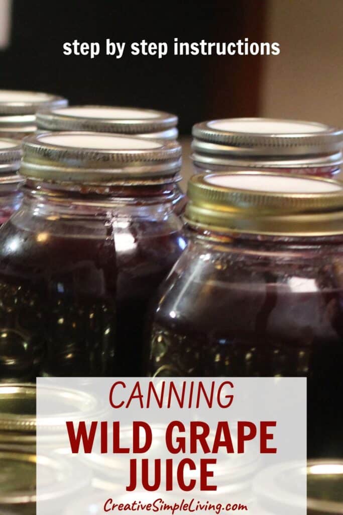 Close-up of jars filled with dark purple grape juice and sealed with metal lids. Text reads "step by step instructions" and "CANNING WILD GRAPE JUICE" with a website, CreativeSimpleLiving.com.