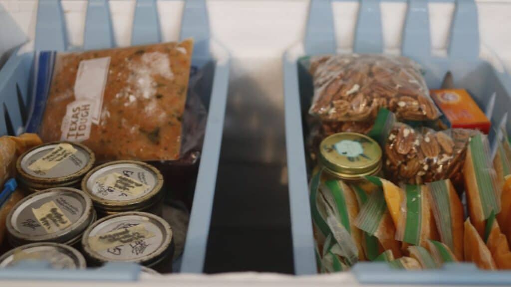 Inside a freezer, containers of prepared food, jars, and bags of nuts or snacks are organized in two sections, separated by blue plastic dividers.